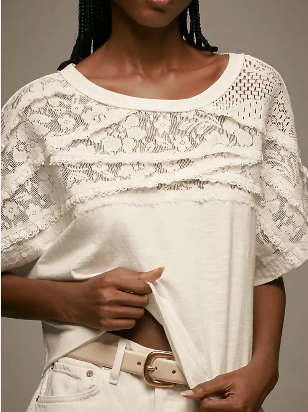 Anthropologie Pilcro Lace Torn Tee Ecru White Cropped Short Sleeve Crew Sz S